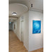 Hallway with wood-look flooring, white walls, ceiling-mounted lights, and a blue abstract painting of dolphins.