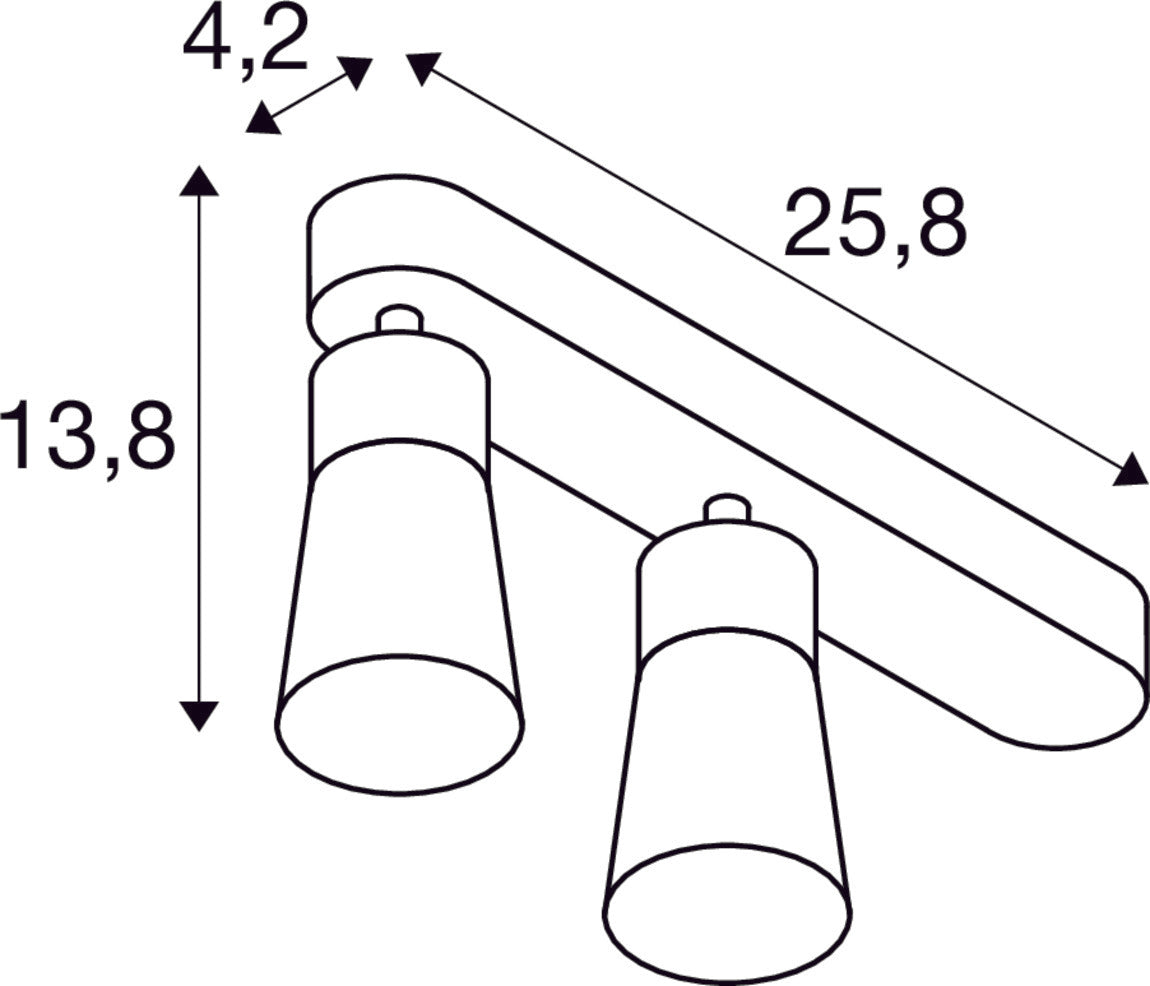 Dimensioned drawing of SLV PURI 2.0 Cone, wall and ceiling-mounted light, asymmetrical, 2 x max. 6W GU10, black
