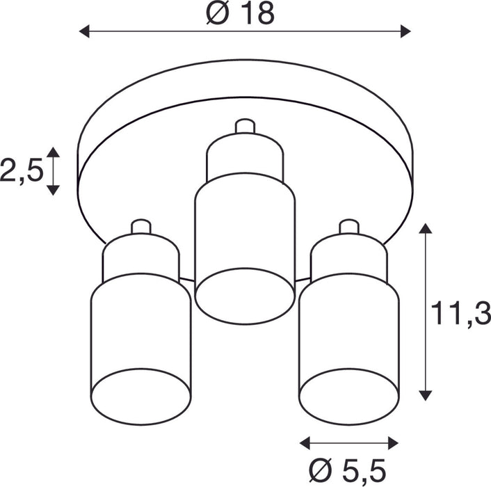 Dimensioned drawing of SLV PURI 2.0 Tube, wall and ceiling-mounted light, round, 3 x max. 6W GU10, white