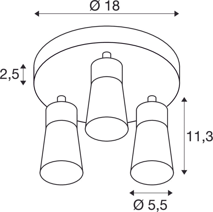 Dimensioned drawing of SLV PURI 2.0 Cone, wall and ceiling-mounted light, round, 3 x max. 6W GU10, grey