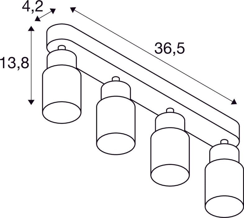 Dimensioned drawing of SLV PURI 2.0 Tube, wall and ceiling-mounted light, long, 4 x max. 6W GU10, black / gold