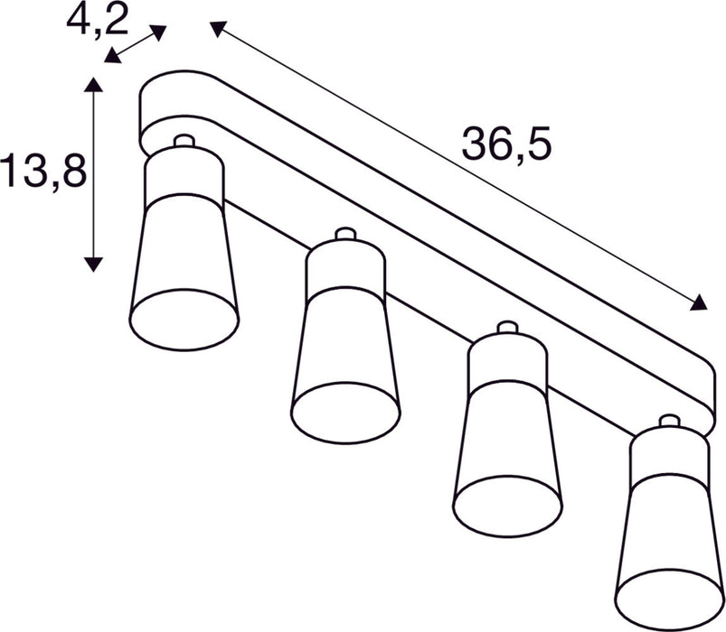 Dimensioned drawing of SLV PURI 2.0 Cone, wall and ceiling-mounted light, long, 4 x max. 6W GU10, grey