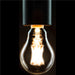 Hanging clear glass light bulb with black textured metal fixture.
