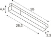 Technical drawing of a white channel profile with dimensions 28, 26.3, 4.4, and 2.3.