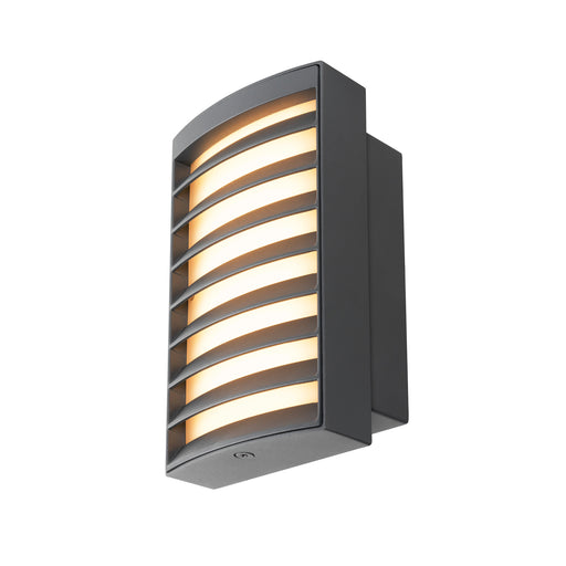 Gray metal wall-mounted outdoor light fixture with horizontal slats.