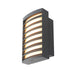 Gray metal wall-mounted outdoor light fixture with horizontal slats.