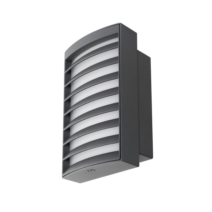 Gray metal wall-mounted outdoor light fixture with horizontal slats and a matte finish.