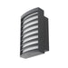 Gray metal wall-mounted outdoor light fixture with horizontal slats and a matte finish.