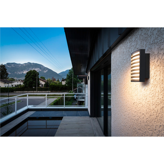 Modern black wall-mounted outdoor light fixture with horizontal slats.