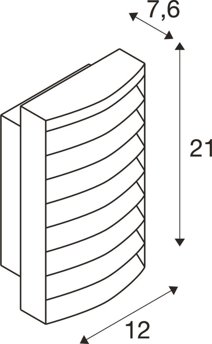 Technical drawing of a louvered wall light fixture with dimensions.