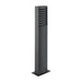 Modern dark gray metal bollard light fixture with louvered top and surface mounting.
