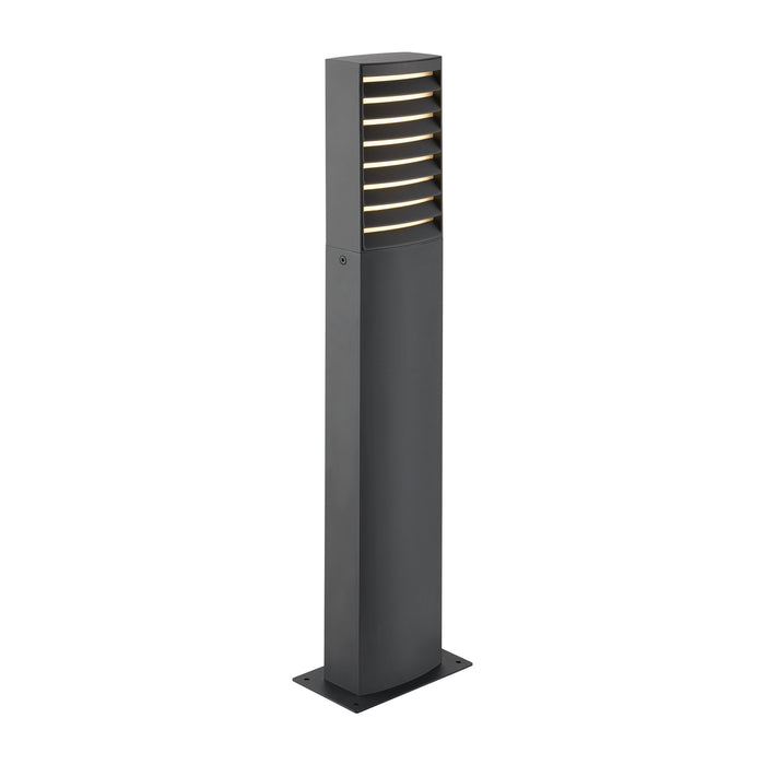 Black metal bollard light with horizontal slats and base mounting.