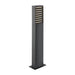 Black metal bollard light with horizontal slats and base mounting.