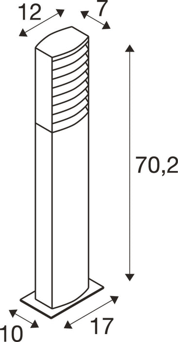 Dimension drawing of a bollard light fixture with base mounting.