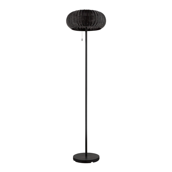 Black floor lamp with a woven rattan shade and metal base.