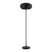 Black floor lamp with a woven rattan shade and metal base.