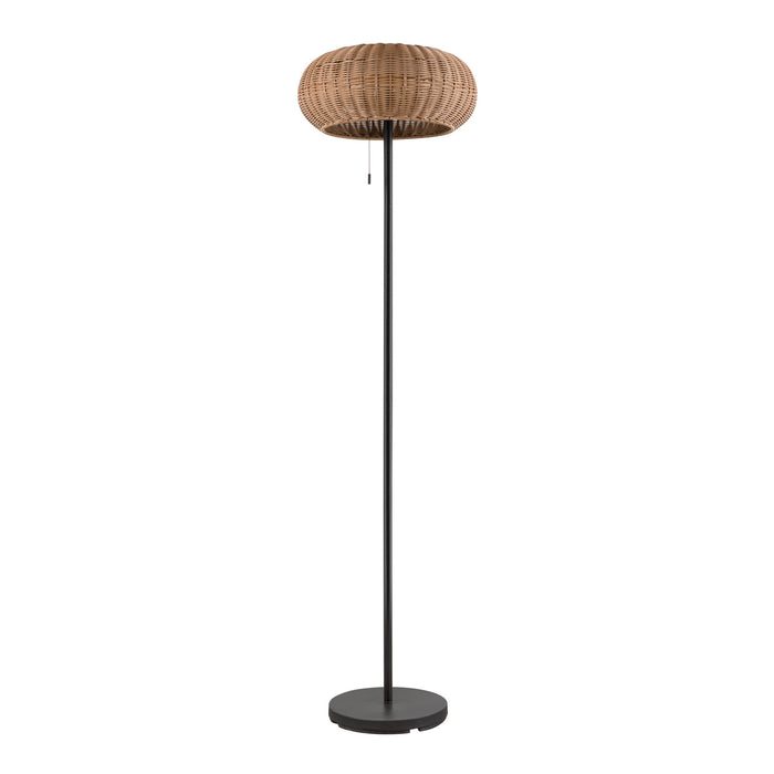 Wicker floor lamp with a black metal base and pull-chain switch.