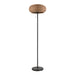 Wicker floor lamp with a black metal base and pull-chain switch.