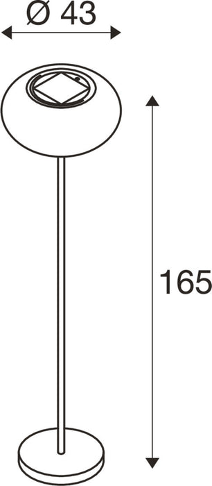 Technical drawing of a floor lamp with dimensions, including a round base and a spherical shade.