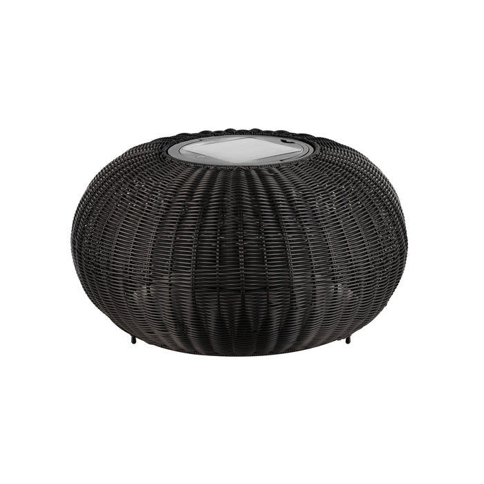 Round accent table with glass top, black wicker finish.