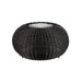 Round accent table with glass top, black wicker finish.