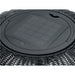 Close-up of a black wicker outdoor solar light with a solar panel on top.