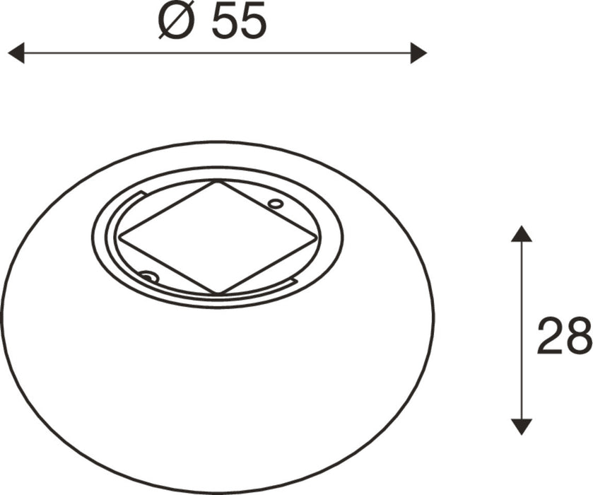 Technical drawing of a round, white fixture with dimensions.