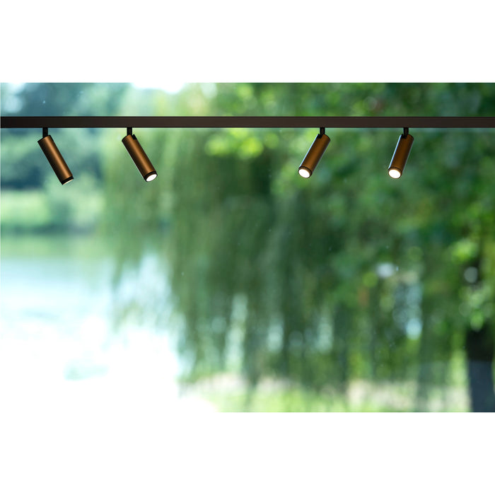Bronze finish track lighting with four adjustable spotlights.