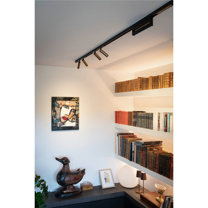 Black track lighting with bronze spotlights, ceiling mounted.