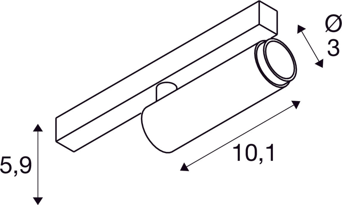 Dimensioned drawing of SLV Aluminium GRIP! S, 48V spot, cylindrical, 2000-3000K, 9.8W, DALI, dim-to-warm, 29°, black / gold