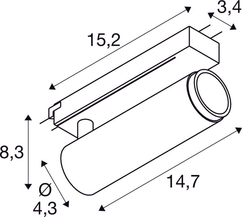 Dimensioned drawing of SLV Aluminium GRIP! M, 1~ spot, cylindrical, 2000-3000K, 15W, dim-to-warm, PHASE, 42°, bronze / black