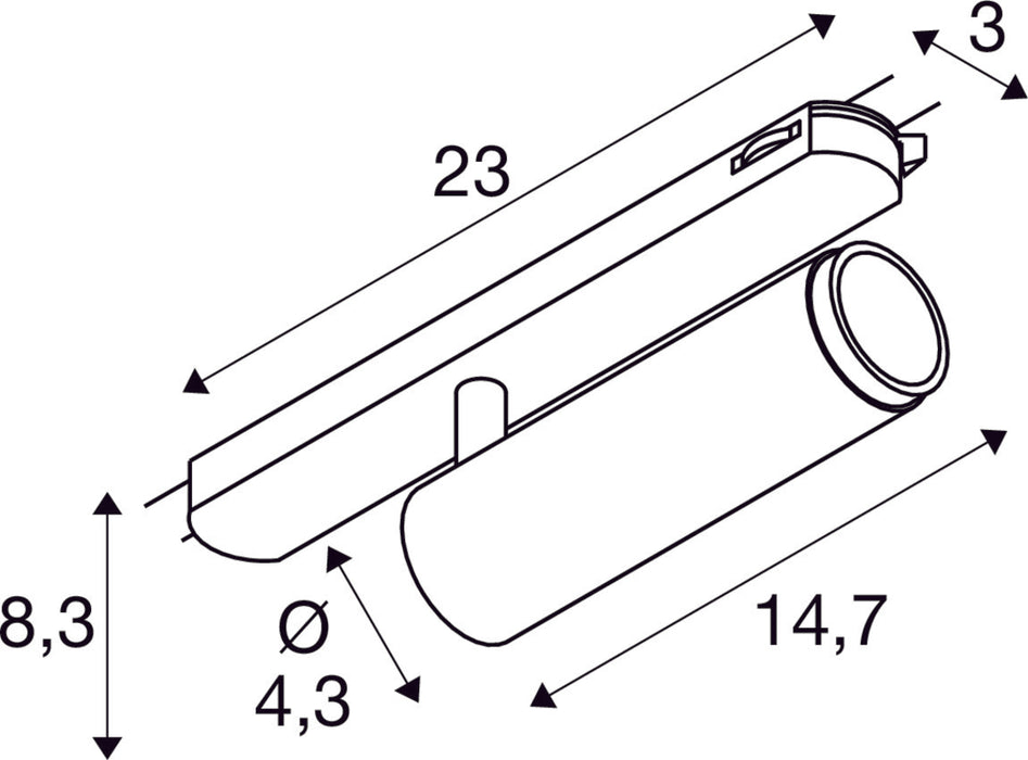 Dimensioned drawing of SLV Aluminium GRIP! M, 3~ spot, cylindrical, 3000K, 20W, DALI, touch, 42°, white / black