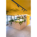 Black track lighting fixture with cylindrical heads, ceiling mounted, in a yellow room with a wood planter.