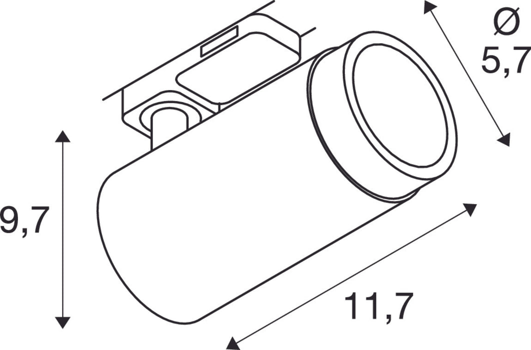 Dimensioned drawing of SLV Aluminium GRIP! L, 3~ spot, cylindrical, GU10, 1x max. 6W, black / gold