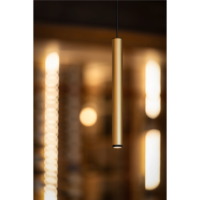 Modern gold cylinder pendant light fixture, metal with matte finish, suspended from ceiling.