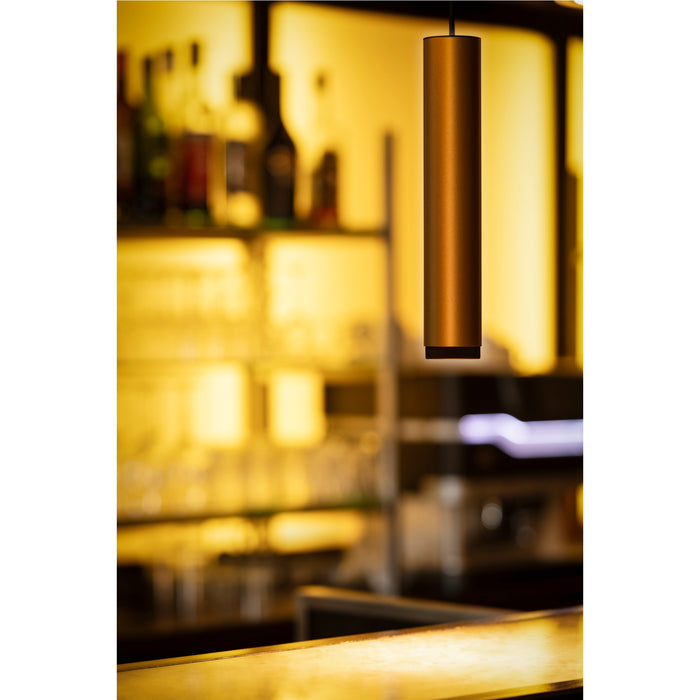 Hanging cylindrical pendant light fixture, metal with bronze finish.