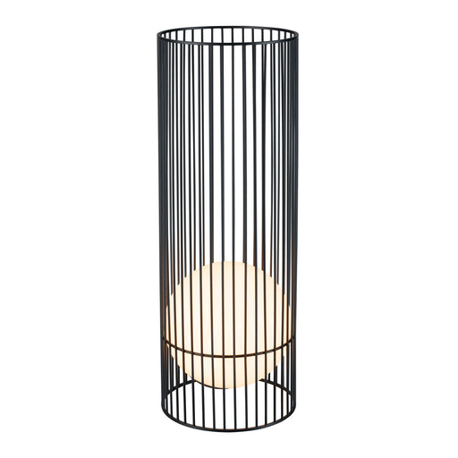 Black metal floor lamp with cylindrical cage design and a white spherical light inside.