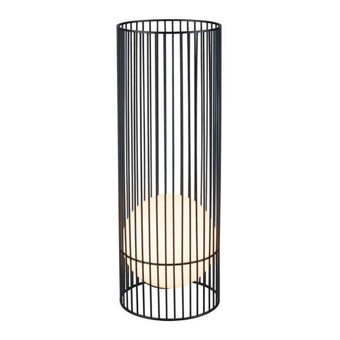 Black metal floor lamp with cylindrical cage design and a white spherical light inside.