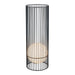 Black metal floor lamp with cylindrical cage design and a white spherical light inside.