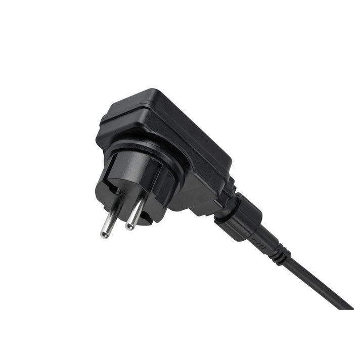 Black European plug with two round pins and a right-angle plastic housing.