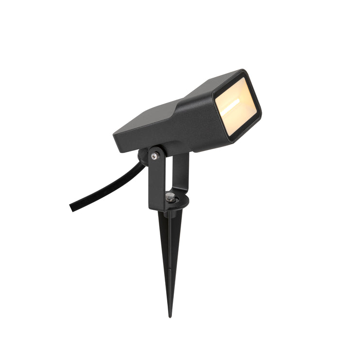 Black metal outdoor spotlight with stake mount.