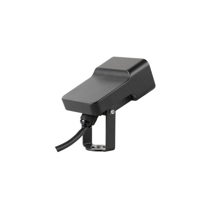Black metal LED flood light fixture with bracket mount.