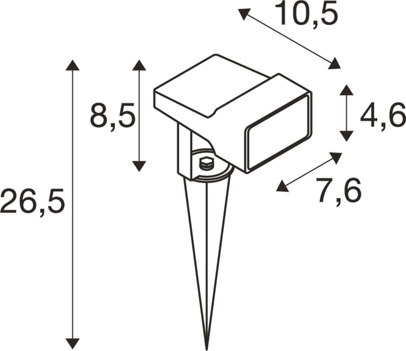 Dimensional drawing of a stake-mounted light fixture with measurements.