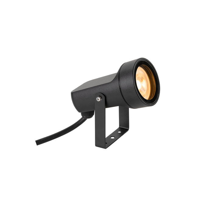 Black metal spotlight with bracket mount.