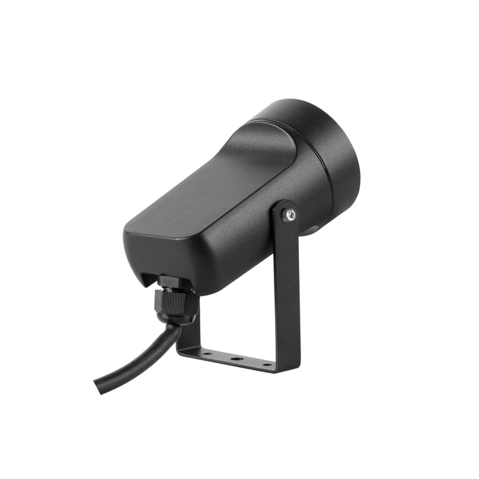 Black metal spotlight with bracket mount.