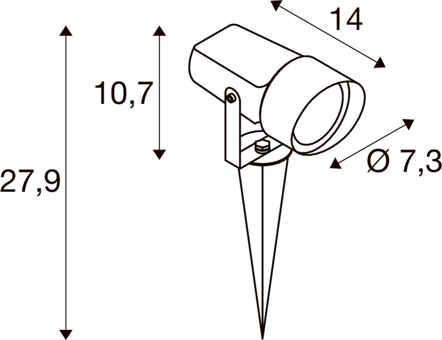 Dimensioned drawing of a spotlight with a ground spike.