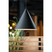 Matte black metal cone pendant light fixture, suspended.