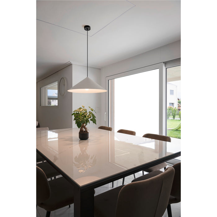 White metal pendant light fixture, ceiling mounted.