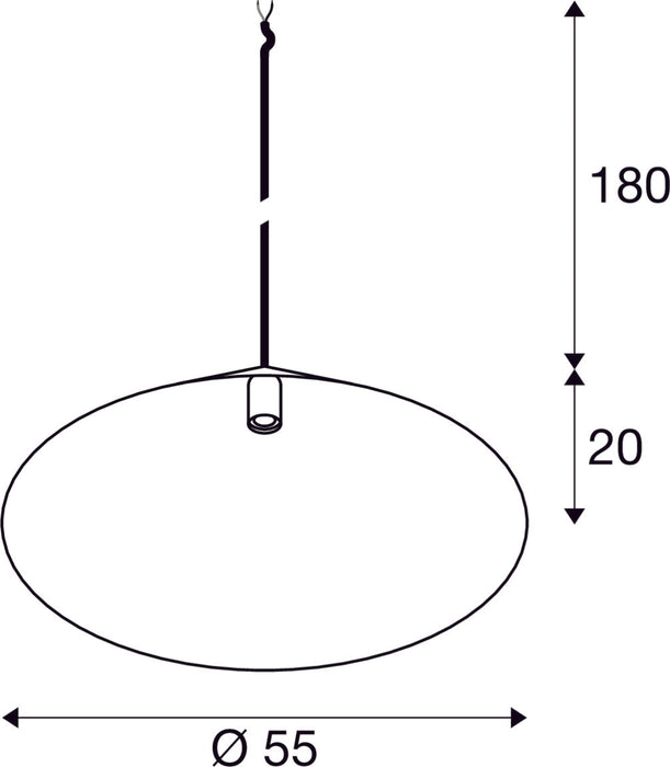 Dimensioned drawing of SLV MAGICO 55, pendant light, E27, pendant length 180cm, 1x max. 10W, matt black