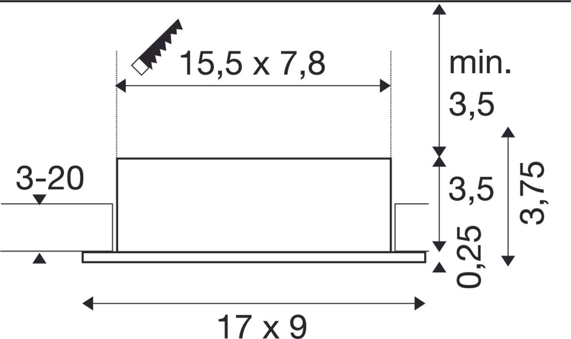 Dimensioned drawing of SLV Aluminium NEW TRIA® 155, recessed ceiling light, square, 2 x GU10, two-lamp, white